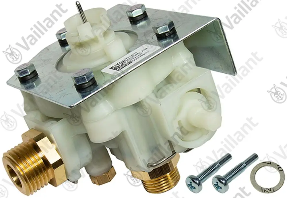 Vaillant Wasserschalter aus Kunststoff und Metall mit Anschlüssen und Befestigungselementen, geeignet für den Einsatz in Heizungs- oder Warmwassersystemen.